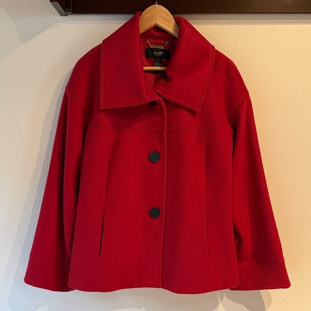 Alfani Women's Wool Blend Large Button Up Pea Coat, Red, Size L Petite